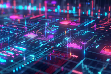 Vibrant abstract rendering features a circuit board illuminated with neon pink, blue, and red digital graphs and charts, symbolizing data processing and intricate calculations.
