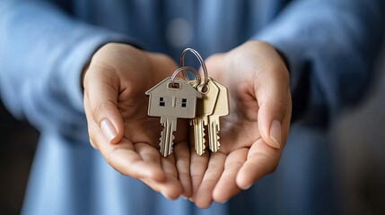 Salesperson holding house keys, symbolizing the purchase of a new home, alongside a loan agreement for real estate. Representing a real estate loan deal and new home ownership.
