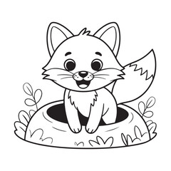 Cute Black and White Coloring Page of a Fox in a Burrow