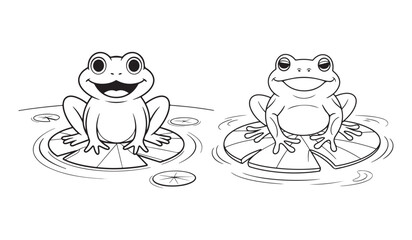 Two cheerful cartoon frogs sitting on lily pads, ready for coloring.