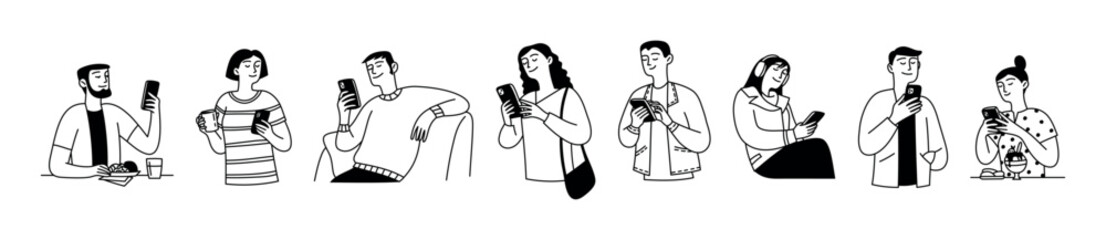 Set of people using smartphones. Men and women with devices, gadgets. Digital world. Stylish doodle vector illustration