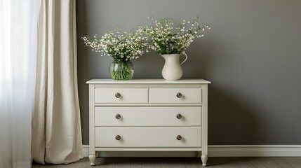 White modern dresser with a minimalist design against a grey wall, adorned with vases and a lily of the valley bouquet, creating a cozy interior atmosphere.