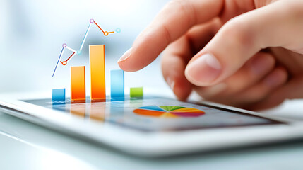 close up of hand interacting with tablet displaying colorful bar and pie charts, symbolizing data analysis