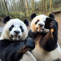 Obraz premium Two playful pandas taking selfie in bamboo forest, their adorable expressions and lively nature. This delightful moment captures charm of these beloved animals