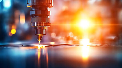 close up of CNC machine cutting metal with precision, illuminated by warm, glowing light in modern factory setting
