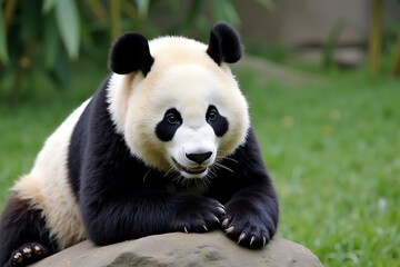 Obraz premium A serene giant panda rests peacefully on a rock, enjoying a moment of quiet contemplation in a lush green bamboo forest, bathed in soft sunlight.