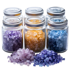 Set of Four Glass Jars Filled with Colorful Crystals Isolated on Transparent Background
