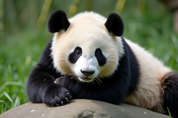 A serene giant panda rests on a rock, its captivating gaze and gentle demeanor a symbol of peaceful wildlife, in a lush green natural habitat.