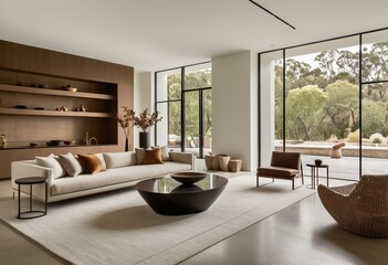 A living room filled with furniture and a large window.