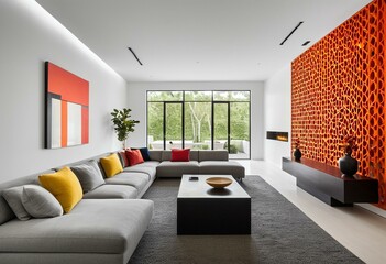 A living room with a gray couch and orange accents.