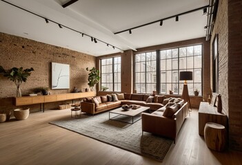 A living room filled with furniture and a brick wall.