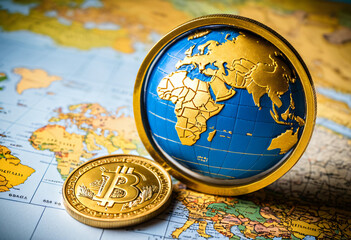 A golden coin rests on a globe, symbolizing wealth and global influence, with intricate world maps and charts in the background