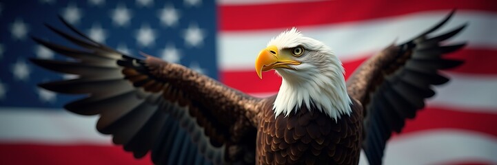 Obraz premium A majestic bald eagle, wings outstretched, stands proudly before the American flag, symbolizing freedom and national pride with dramatic lighting and a blurred background.
