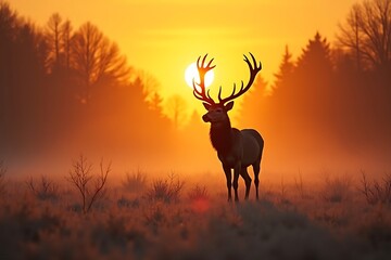 Majestic stag silhouetted against a fiery sunset, bathed in warm golden light over a tranquil autumnal landscape.