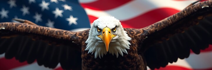 A majestic bald eagle soars proudly against a vibrant American flag, its intense gaze conveying strength and national pride with dramatic lighting and sharp focus.