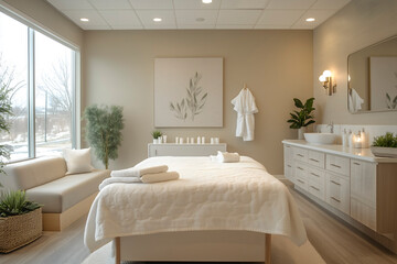 Relaxing spa environment with a massage table ready for a tranquil session during the day Generative AI