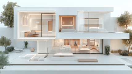 Fototapeta premium modern villa interior featuring sleek lines, large glass windows, and minimalist design elements. open layout creates spacious feel, perfect for contemporary living