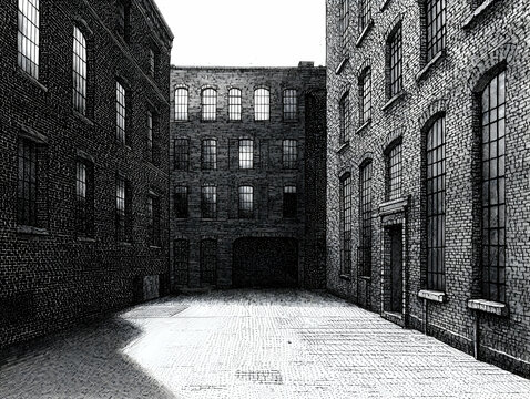 Fototapeta Grayscale Image of a Dark Alleyway Between Aged Brick Buildings