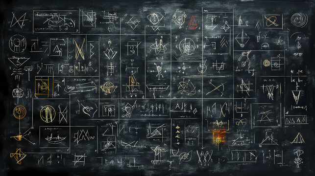 Blackboard filled with numerous cryptic symbols and markings in grid format. Mystic Inscription. Illustration
