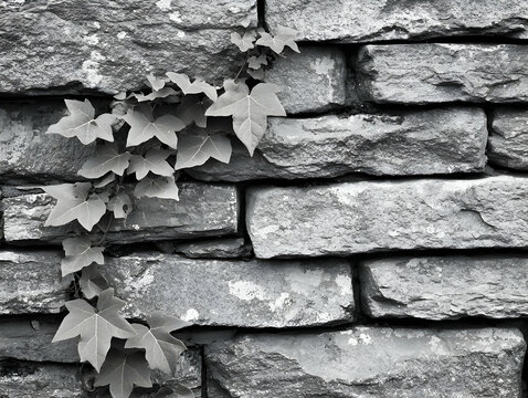 Grayscale Photograph of Brick Wall with Ivy Leaves