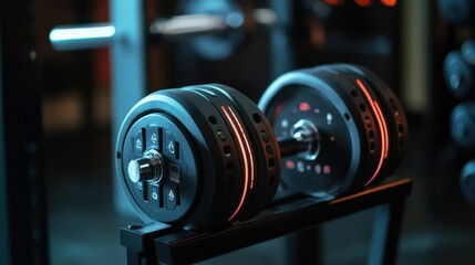 Fototapeta premium A modern dumbbell rests on a rack within a gym