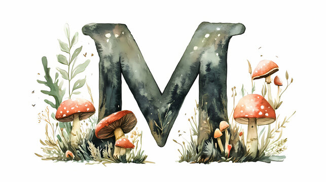 Watercolor letter m with forest and mushrooms design. Mystic Inscription. Illustration