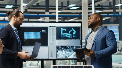 Factory executives present sustainable manufacturing solutions to investors. Industrial plant executives pitching innovative solar panel production automation technologies to shareholders, camera B