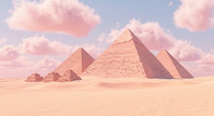 Pastel pink pyramids in a desert landscape with fluffy clouds. Surreal, travel design perfect for art, fantasy, or adventure themes.