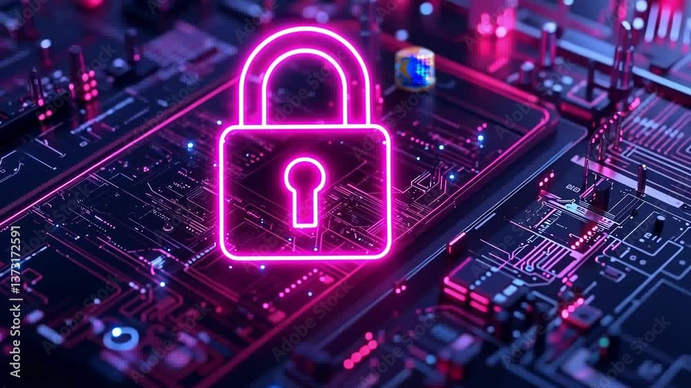 Wall mural glowing padlock icon representing strong mobile phone cybersecurity, protecting sensitive data on a 