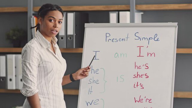 A talented African American woman teaches English grammar concepts online. She engages students with interactive lessons on present simple, showcasing her teaching skills.