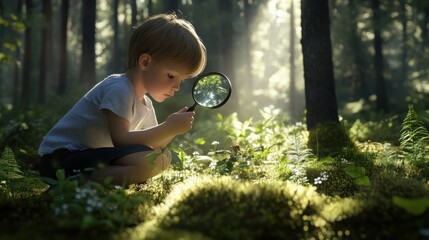 Child Exploring Nature with Magnifying Glass in Sunlit Forest Curiosity and Discovery in the W