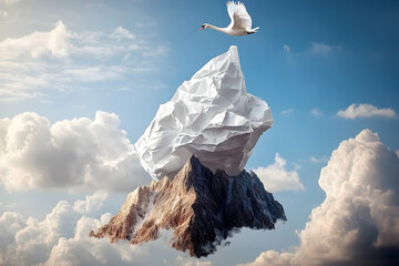 Swan soaring over paper mountain peak in sky