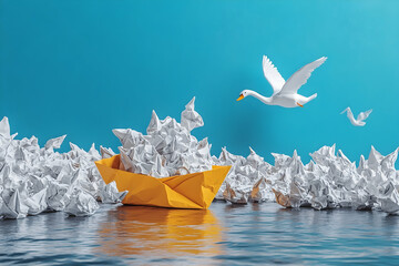 Paper boat leadership, swan flight, blue background, problem solving