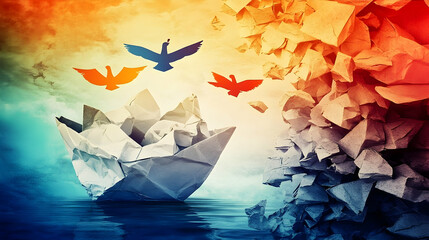 Paper boat escaping crumpled papers, birds flying, hope concept