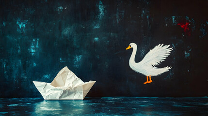 Paper boat, swan, dark background, hope concept, stock photo