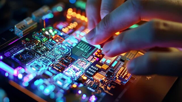 Close up of a technician's hands interacting with a transparent keyboard, programming a futuristic microchip with integrated circuits, illuminated by vibrant, colorful lights in a dark environment