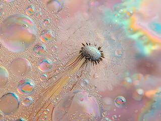 Pastel Dandelion Seedhead with Iridescent Bubbles