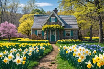Charming Spring Cottage Nestled Among Vibrant Daffodils in Scenic Nature Landscape