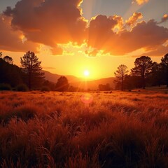 Fototapeta premium Vibrant sunset over golden grassland with trees 