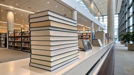 Obraz premium A stack of books sitting on a shelf in a modern library with bookshelves in the background view