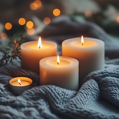 Glowing candles surrounded by a knitted blanket create a cozy atmosphere