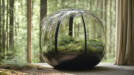 Enclosed Ecosystem: A Spherical Terrarium in a Forest Setting