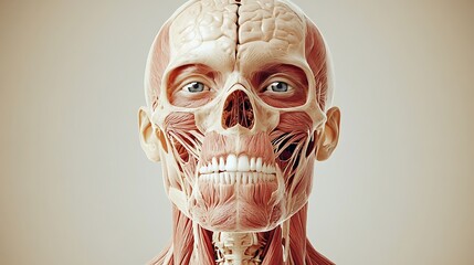 Detailed anatomical illustration of the human head and face shown
