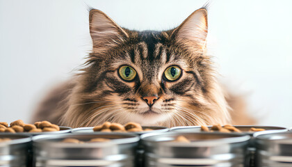 Fluffy cat with green eyes among open cans of pet food. concept of pet curiosity, feline charm, animal feeding, whiskered companionship