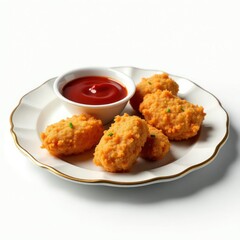 Crispy golden chicken nuggets served with a side of tangy ketchup on a decorative plate.