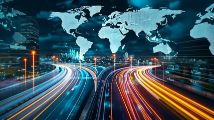 A dynamic cityscape at night featuring illuminated highways and a digital world map overlay, symbolizing connectivity. - Powered by Adobe