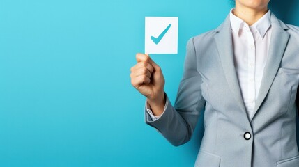 A businessman confidently touches a check mark, symbolizing project approval on a modern virtual screen.