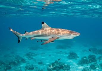 Naklejka premium A graceful blacktip reef shark glides effortlessly through a vibrant coral reef, sunlight dappling its sleek form in the crystal-clear turquoise water.