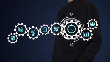 A businessman presses a digital button with a stopwatch icon, activating interconnected gears. The concept symbolizes time management, teamwork, automation, synchronized workflow, efficiency, and