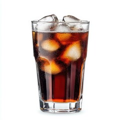 Chilled glass of cola filled with ice, perfect for a refreshing drink on a hot day.